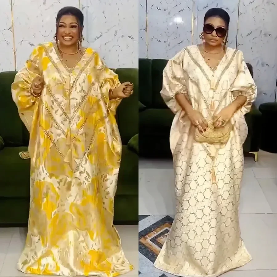 Gaun ukuran Plus untuk wanita Afrika elegan lengan setengah leher V gaun Maxi panjang poliester gaun Abaya Kaftan Muslim