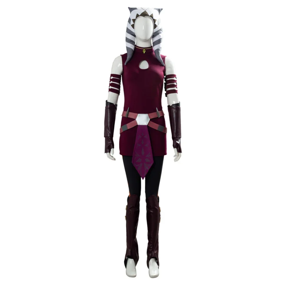 AwwwCos Movie Ahsoka Cosplay-Kostüm für Damen, roter Kampfanzug, Uniform, komplettes Set mit Hut, Armband, Halloween-Performance-Kostüm