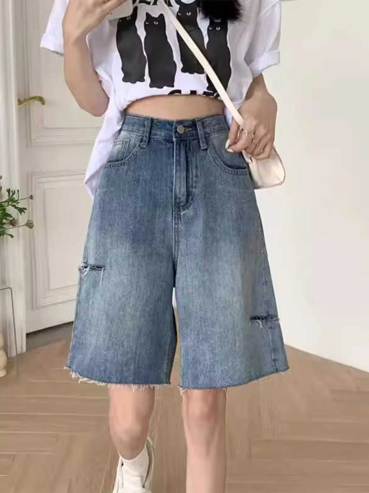 

High Waist Straight Leg Five Inch Shorts Women's Summer Thin Denim plus Size Loose Slimming Wide Leg Pants