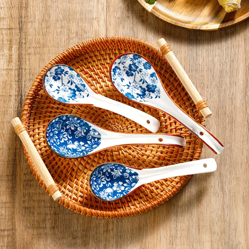 1Pc Blue And White Porcelain Soup Spoon Household Tableware Retro Japanese Style Ceramic Soup Spoons For Home Restaurant