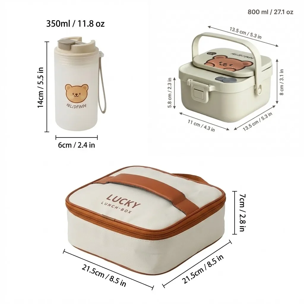 Afneembare, dubbele laag, roestvrijstalen lunchbox (304) voor kinderen, draagbaar, handzaam, schattig ontwerp, inclusief vork en lepel, geschikt voor gebruik in de magnetron.