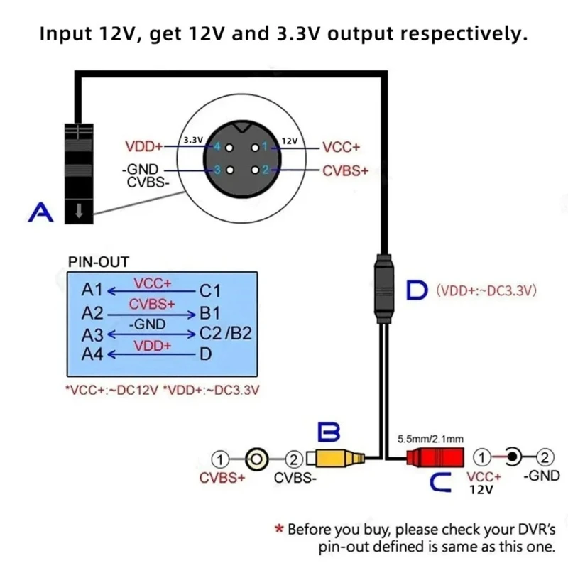  Camera Adapter Wiring Harness with 4-Pin Input and Output 13.78Inch