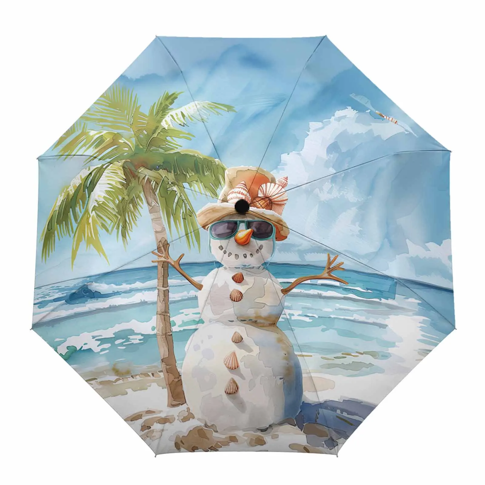 Christmas Snowman Beach Ocean Watercolor Fully-automatic Umbrella for Outdoor Adults Umbrella Foldable Eight Strand Umbrella