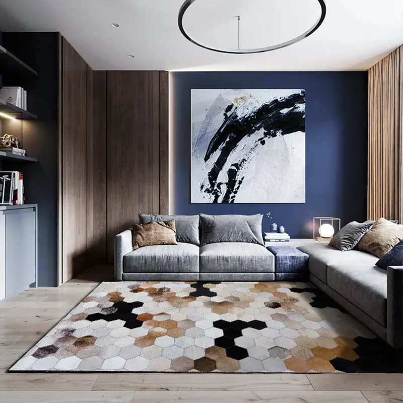 Ins Simple Geometric Living Room Carpet Bedside Study Mat Real Cowhide Large Area Rug Home Decoration Handmade Rugs Carpet Mat