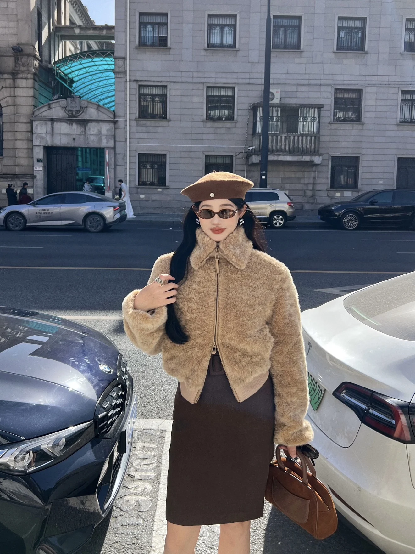 

InJune Winter Warm Fce Lined Fur Jaet Women's Vintage Sle Stand Collar Eco Friendly Synthetic Leather Coat