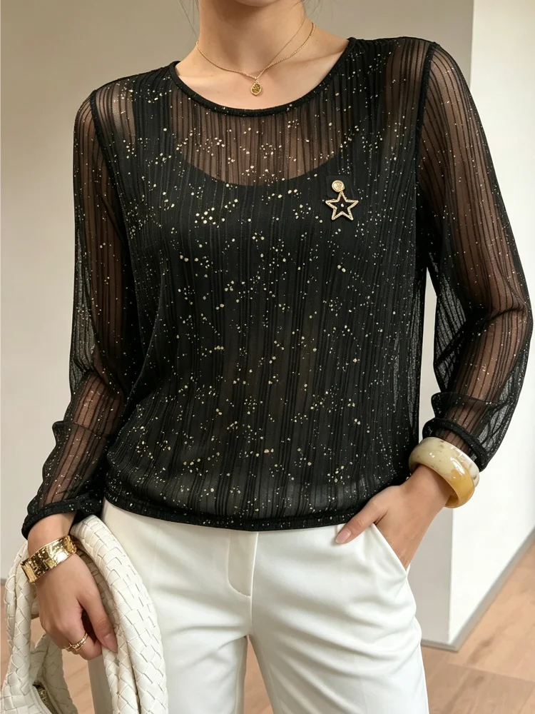 Fall Elegant Women Round Neck Long Sleeve Mesh Blouse, Gold Glitter Sheer Top With Star Brooch, Casual Office Lightweight Shirt