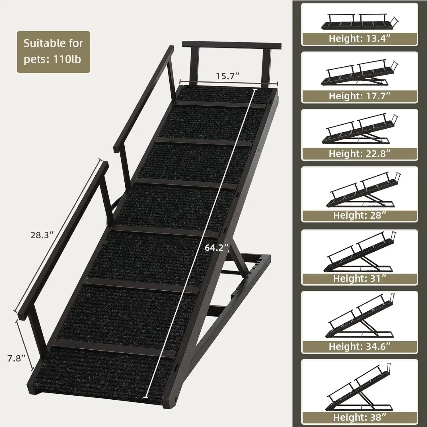 Pet Ramp Folding Portable Wooden Dog & Cat Ramp for Couch or Bed, Including Non Slip Mat & Safety Side Rails, 64.2 Inch Long