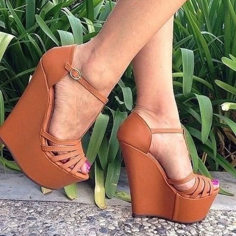 Brown Leather Strappy Wedge Sandals Open Toe Ankle T Strap Wedge Shoes Cutouts Hollow High Platform Outside Dress Shoes