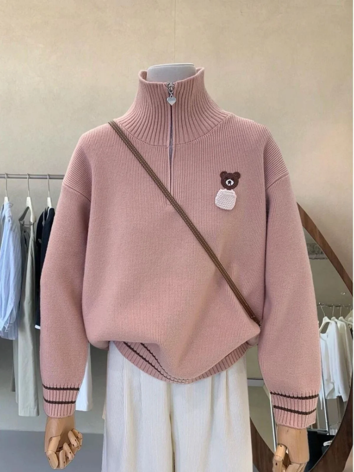 

Корейский трикотаж на молнии с вышивкой медведя, студенческий трикотаж, осень-зима, Новое поступление, повседневное свободное длинное платье...