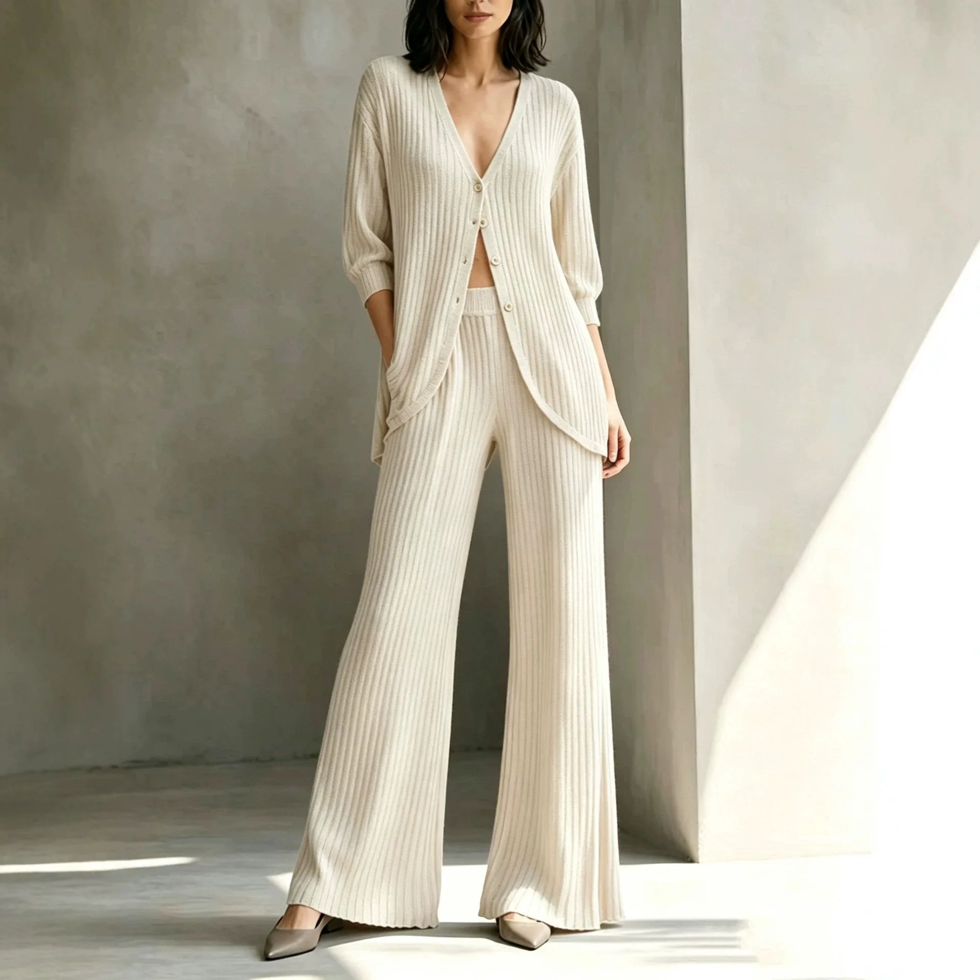 2026 Autumn New Women Textured Deep V‑Neck Front Button Long Cardigan & Wide Leg Pants 2‑Piece Outfit Set