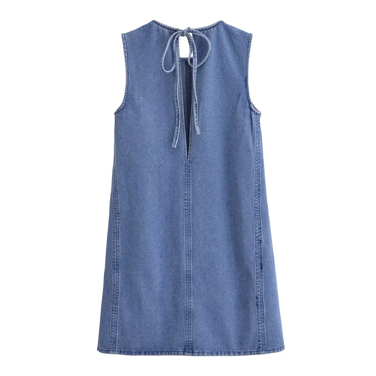 Dave&Di Nordic Minimalist Solid Color Denim Dress Round Neck Sleeveless Mini Casual Summer Dress Commuter Tank Dress