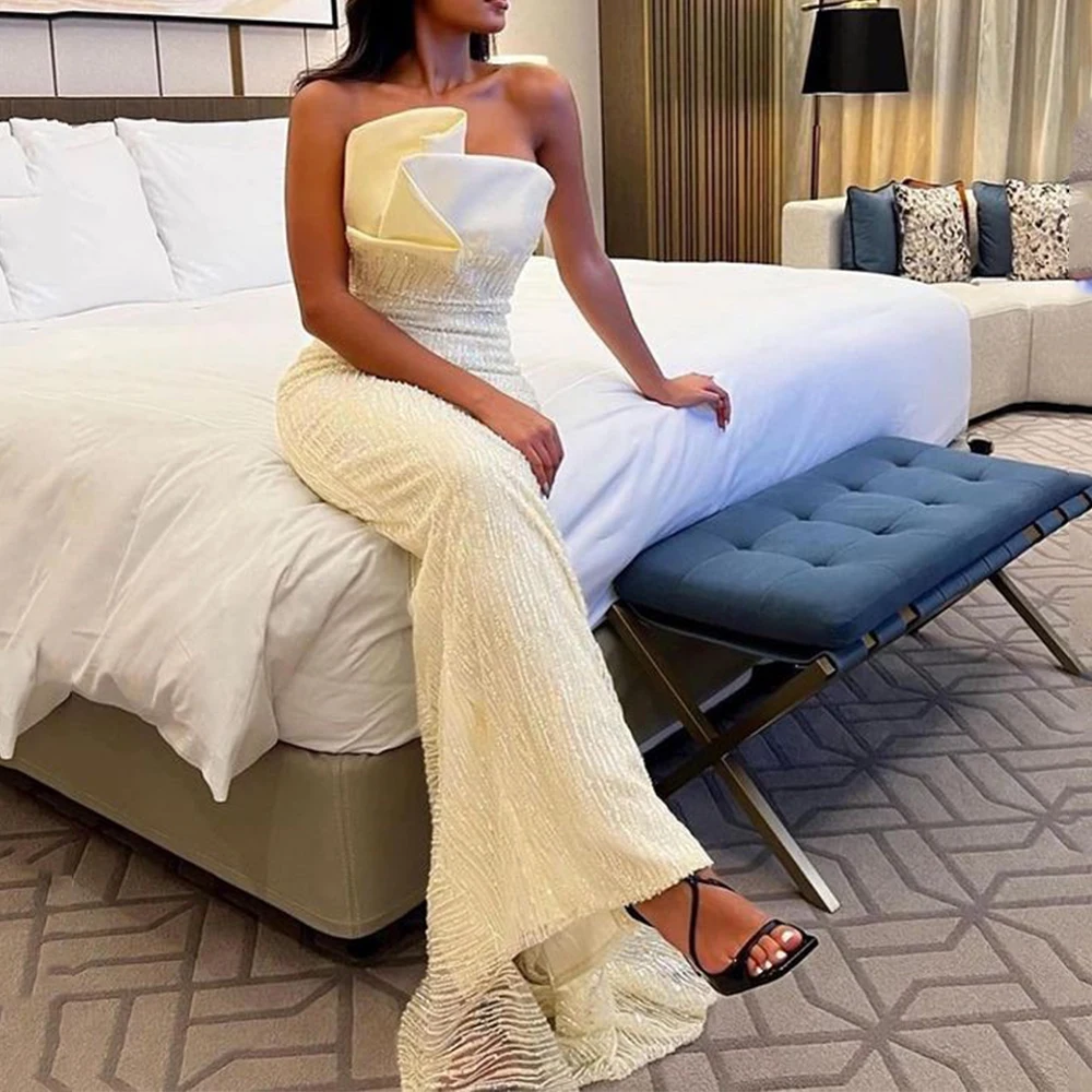 Flechazo Sheath Floor Length Evening Dress Strapless Sleeveless with Lace Straight Open Back Banquet Gowns for Wedding Party