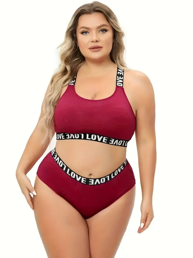 Letter Tape Halter Neck Lingerie Set Sport Plus Size Two Piece Medium Stretch Comfortable Bra and Panty - Sexy Women's Intimate