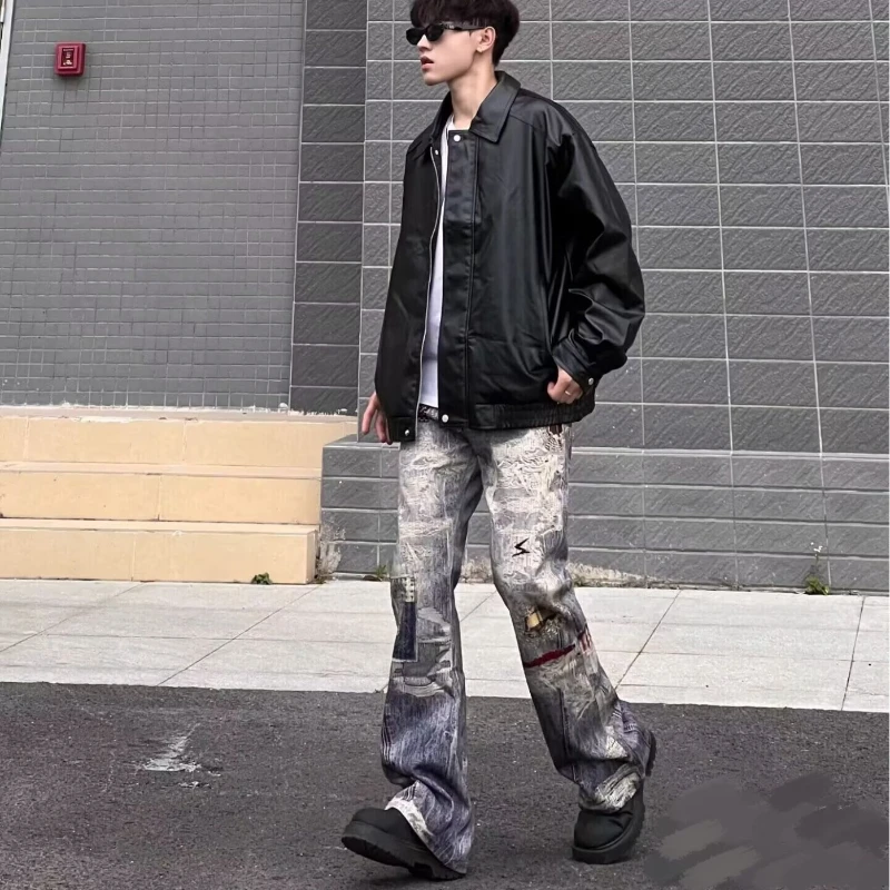 

European Spring Autumn New Men's Letter High-waisted Jeans - Loose Straight-leg Wide-leg Casual Drooping Long Pants