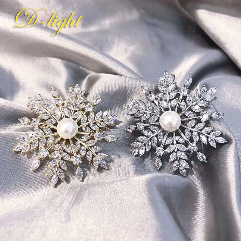 Elegant Luxury Super Flash Zircon Pearl Snowflake Brooch Flower Corsage Women's Suit Pin Jewelry Banquet Dress Accessories Gift