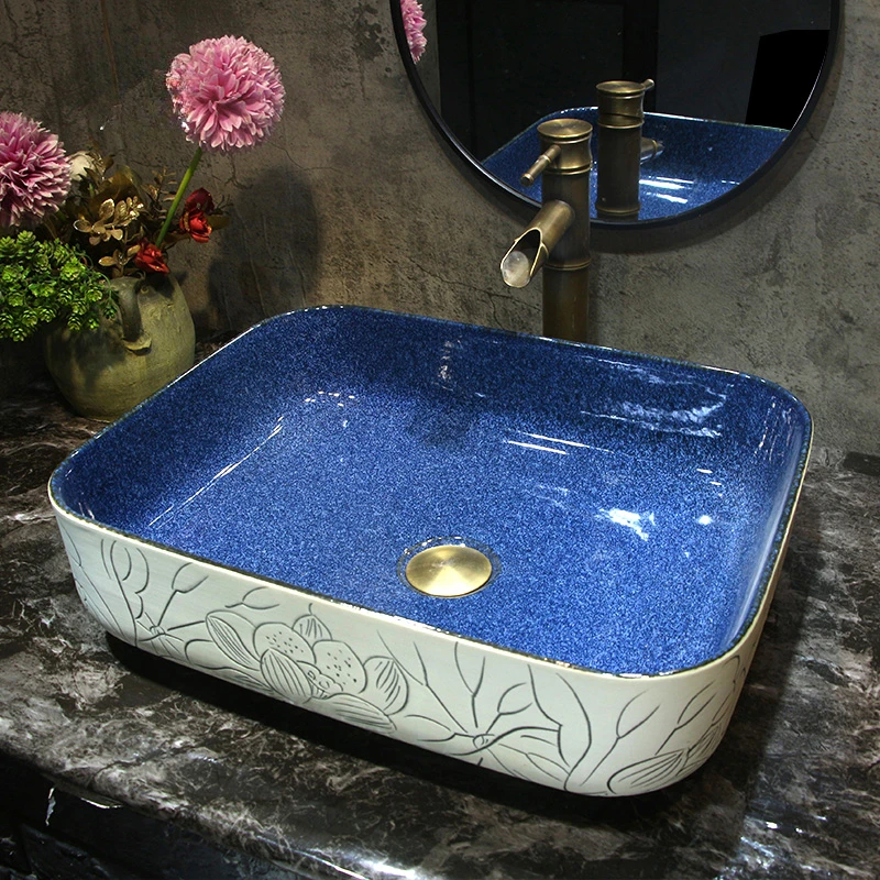 

New Chinese style single hole countertop basin, lotus large square washbasin, ceramic household bathroom washbasin, single basin