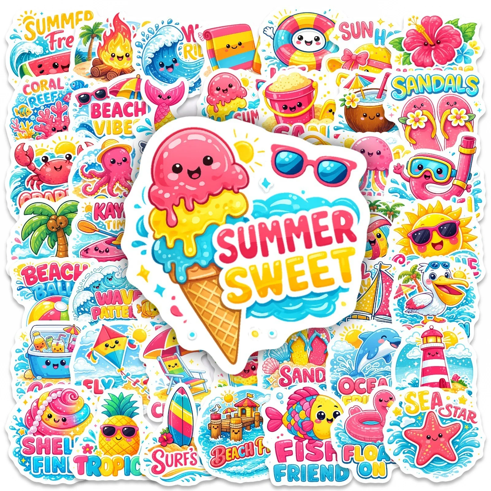 50/100 Stück Ins-Style Sommer-Strand-Cartoon-Aufkleber, wasserfest, langlebig, für Notizbuch, Tasse, Koffer, Laptop, Helm, Auto, Kühlschrank