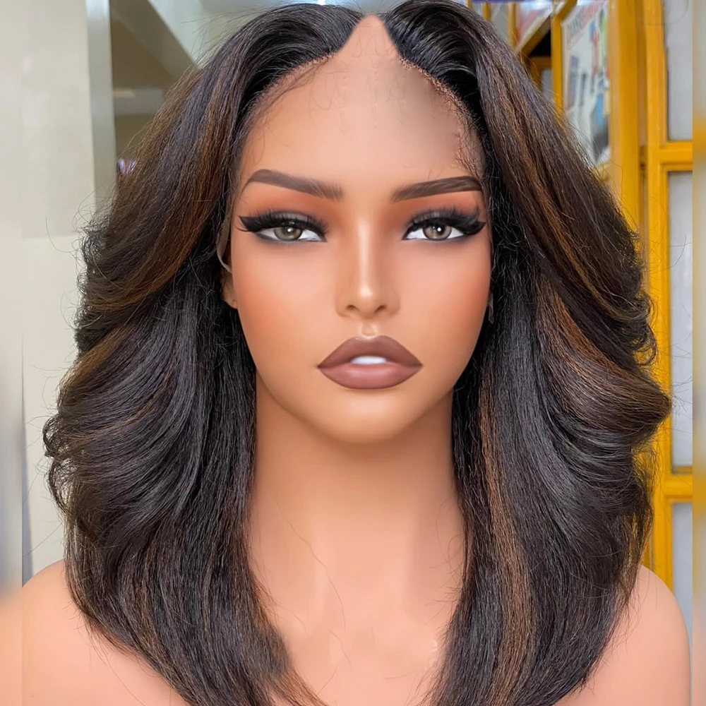 

Glueless Kinky Straight V Part Highlight Blonde Wigs Auburn Brown 100% Human Hair Balayage Warm Blonde Yaki Straight Cheap Wigs