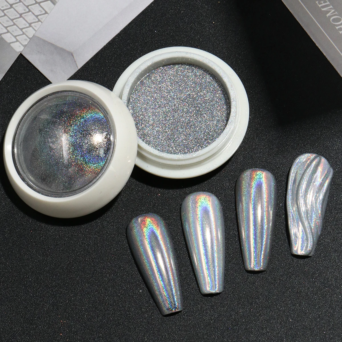 1 صندوق مسحوق أظافر ثلاثي الأبعاد كروم ليزر فضي مرآة سحرية مسمار بريق معدني تأثيرات لامعة فرك رقائق الغبار #3