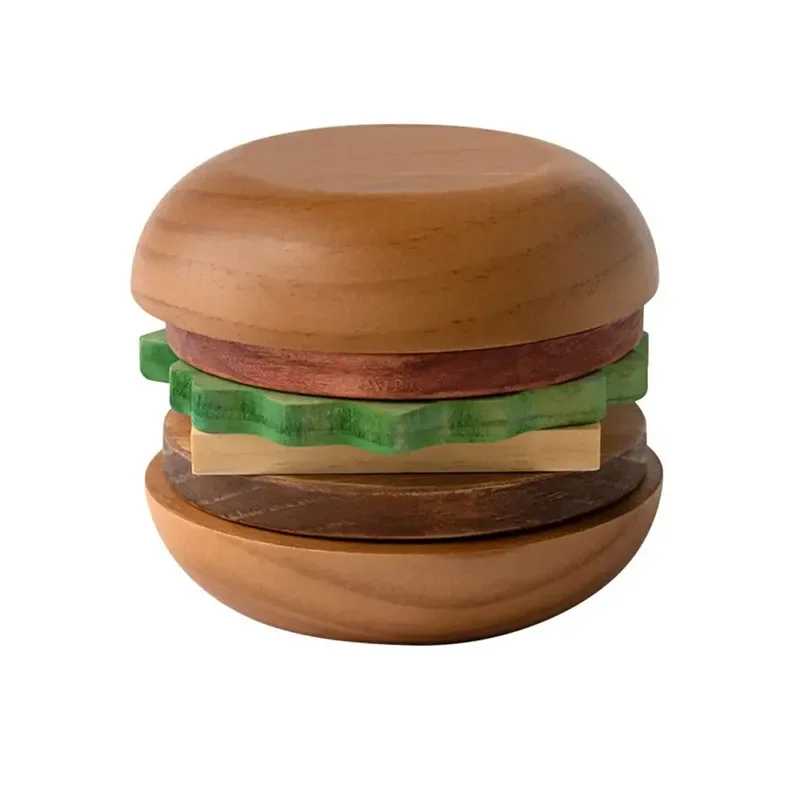 

Hamburger Shape Natural Pine Wooden Coaster Hand-made Coffee Filter Cup Holder Snack Plates Tableware Sets Home Decoration