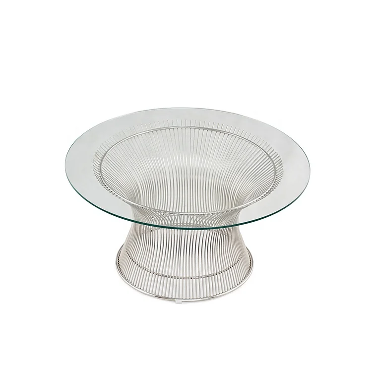 Meja Kopi Kaca Bundar Desain Modern Meja Samping Ruang Tamu Baja Tahan Karat Meja Tengah Klasik