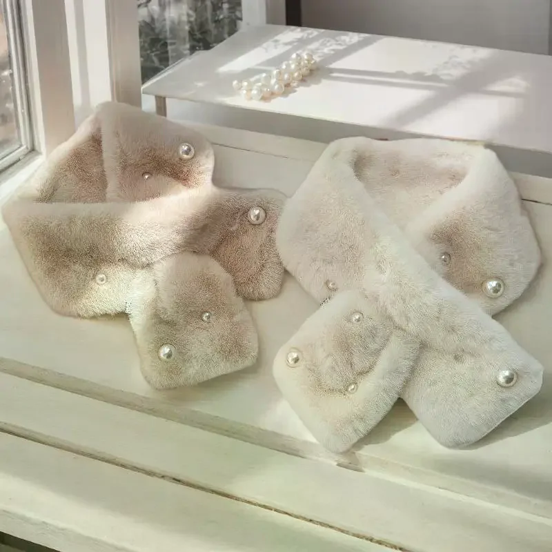 المرأة رقيق الأرنب الفراء الصليب وشاح شتاء دافئ غطاء الرقبة الياقات الأوشحة الكورية فتاة يندبروف اللؤلؤ أفخم سنود منديل #5