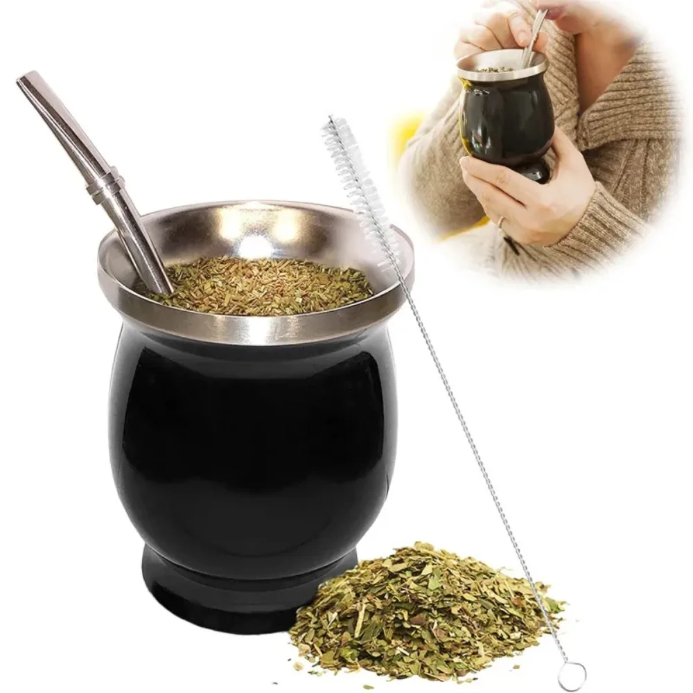 Taza Yerba Mate de acero inoxidable, calabaza argentina Yerba Mate con Bombillas y cepillo de limpieza, juego de tazas de té de doble pared