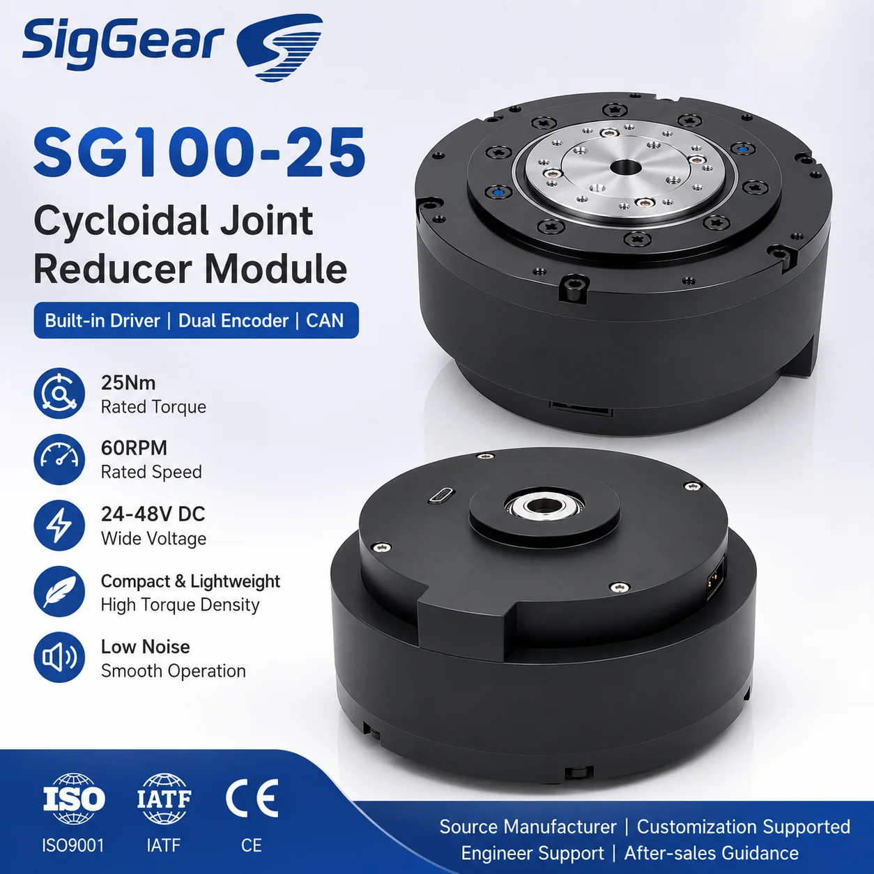 DC Gear Motor 25Nm 60RPM 24-48V Cycloidal Joint Actuator With Dual Encoder And CAN Driver For Humanoid Robot Motion System OEM