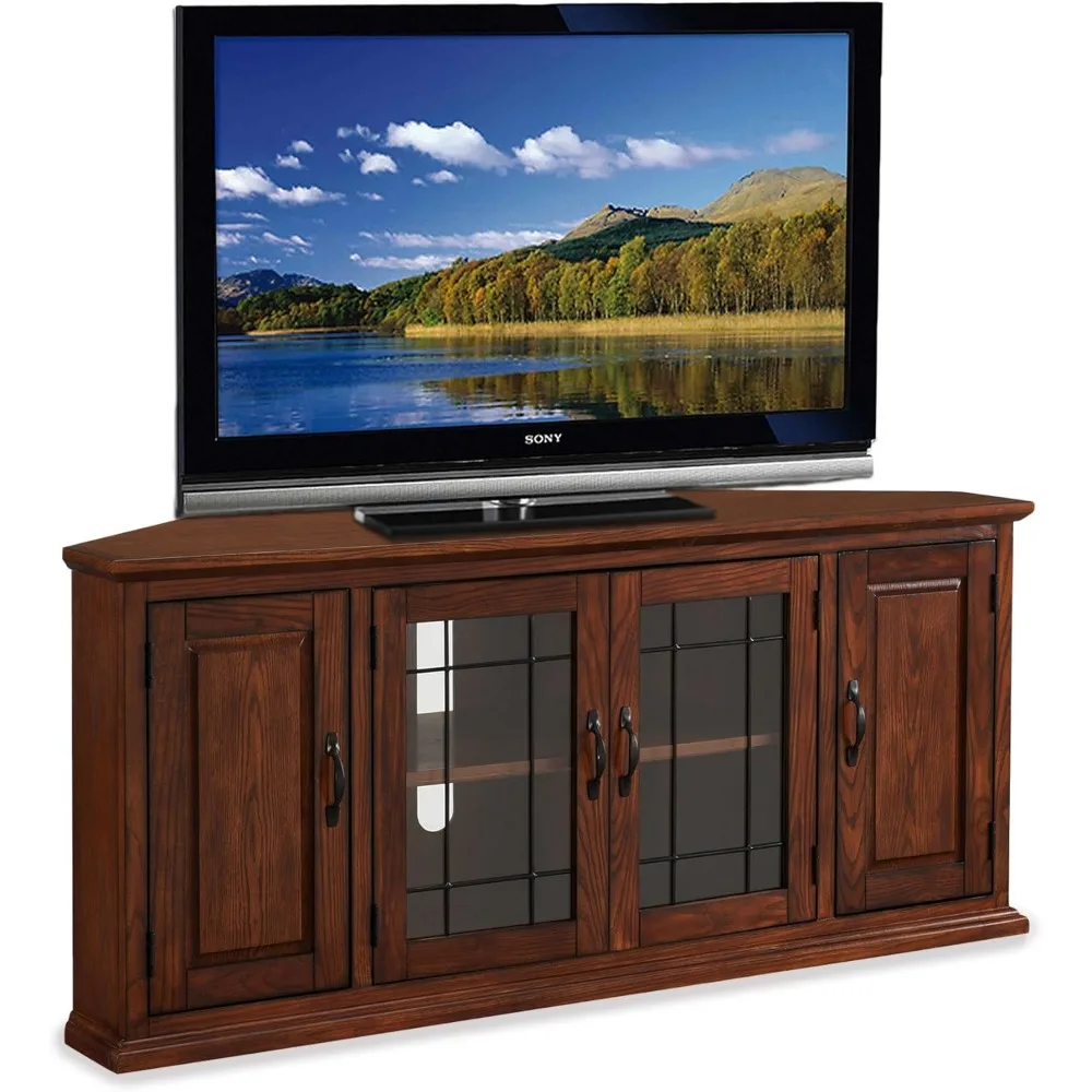 

80386 Leaded Glass Corner TV Stand with Enclosed Storage For 60" TV's, Burnished Oak