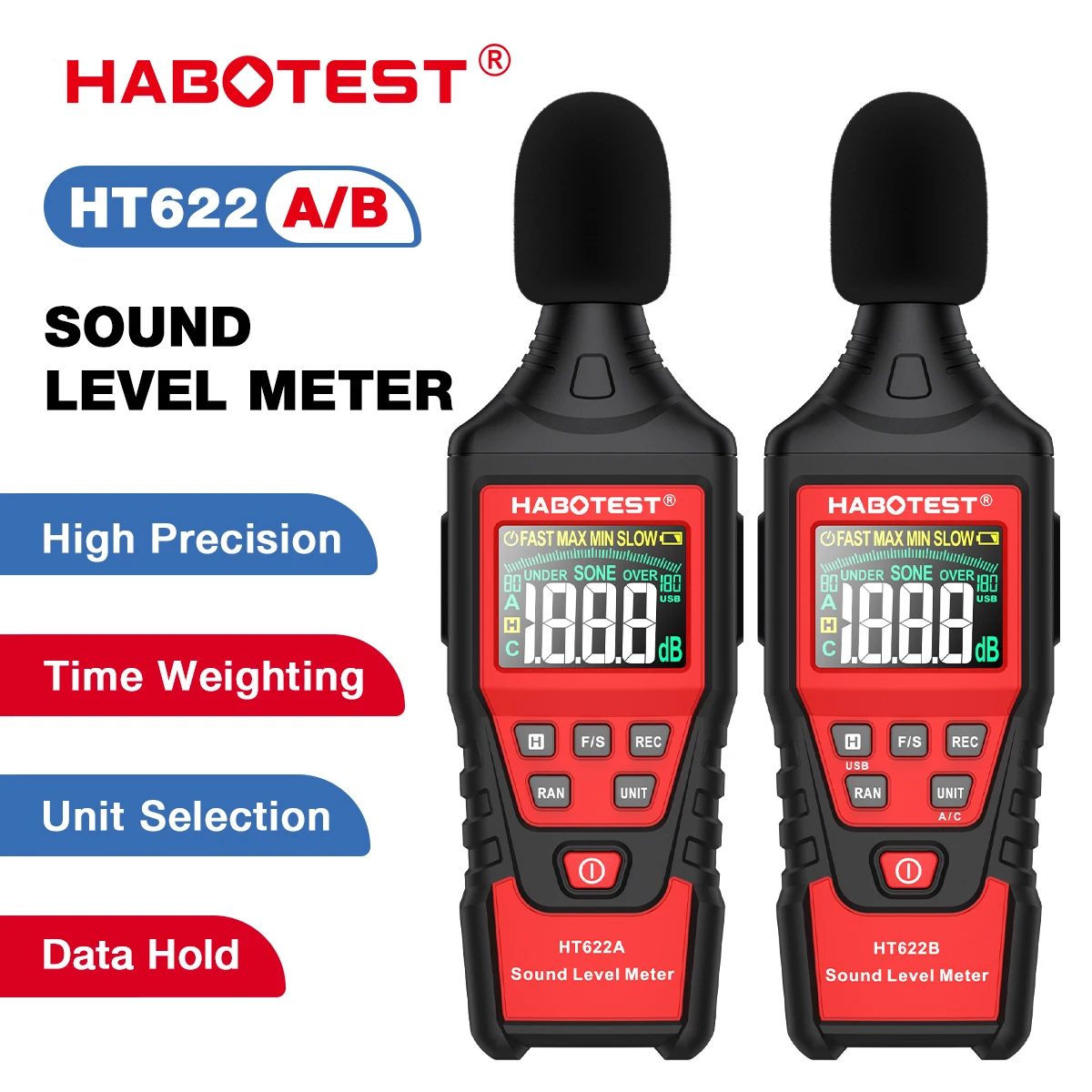 HABOTEST HT622 Misuratore di livello sonoro digitale Tester di rumore Rilevatore di rumore Decible Monitor 30-130dB con funzione di connessione dati