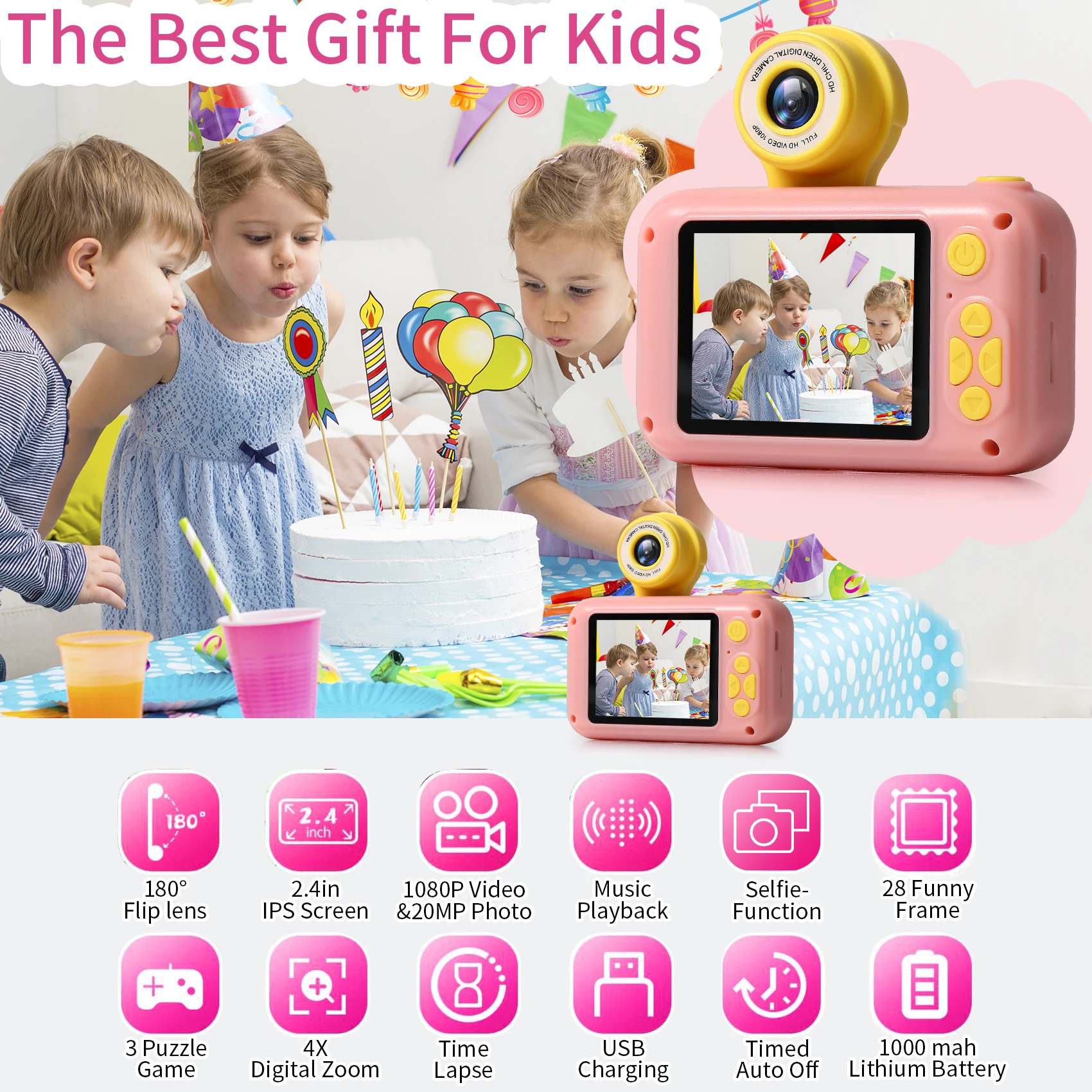 HD 2000W Pixels Kids Camera Cartoon Cute Children Video Digital Camera with Flip-up Lens for Selfie Birthday Gift for Girls Boys