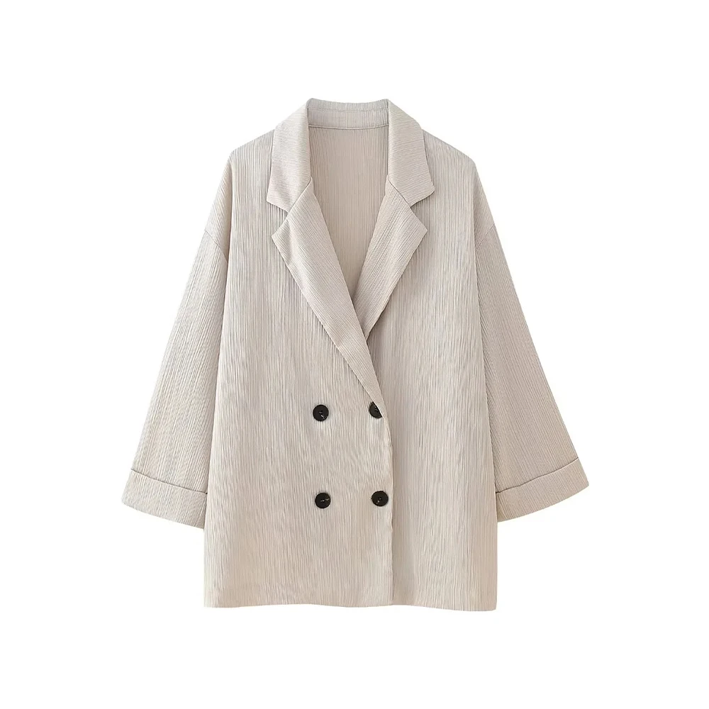 Losse blazerjas met dubbele rij knopen en broek met hoge elastische taille en wijde pijpen, vrouwelijke tweedelige sets, mode