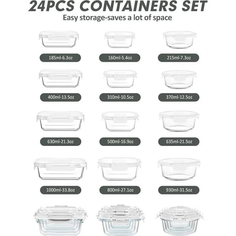 24 Piece Glass Food Storage Container Set, Airtight Glass Lunch Container, Glass Meal Preparation Container with Lid, BPA-free