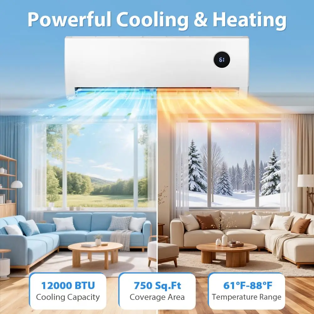 Mini Split Air Conditioner, 12000 BTU Ductless Inverter AC/Heating System with Heat Pump, 19 SEER2 Energy Efficient, Custom