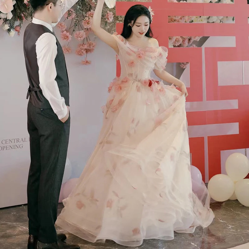 Ele One-oulder Wedding Dr for Engagement And Banquet Performance Host Long Gown Sweet Sle A-Line Skirt