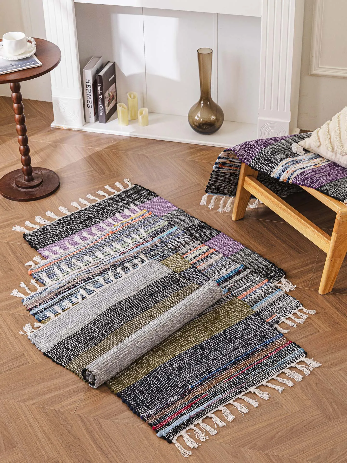 Handwoven Cotton Home Use Small Carpet Bedroom Bedside Rug Absorbent Floor Mat Ethnic Style Square Finished Product for Comme...