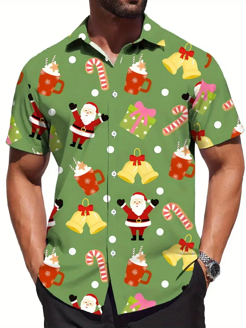 Summer Button Vacation Shirts 3D Print Christmas Themed Santa Claus Graphic Beach shirts Men's Short Sleeve Lapel Hawaiian Shirt