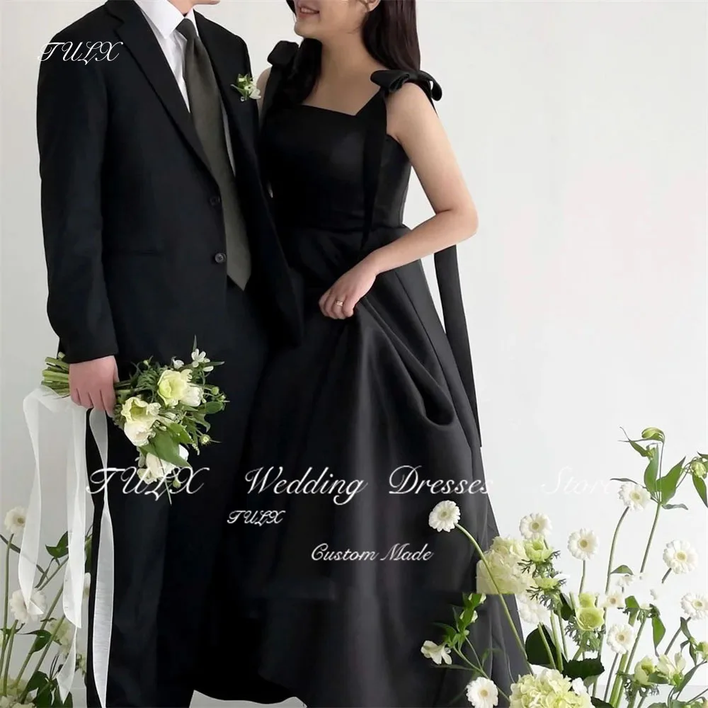 

TULX Elegant Bow Spaghetti Strap Evening Party Dresses A-Line Sleeveless Satin Korea Black Wedding Women Formal Event Prom Gowns