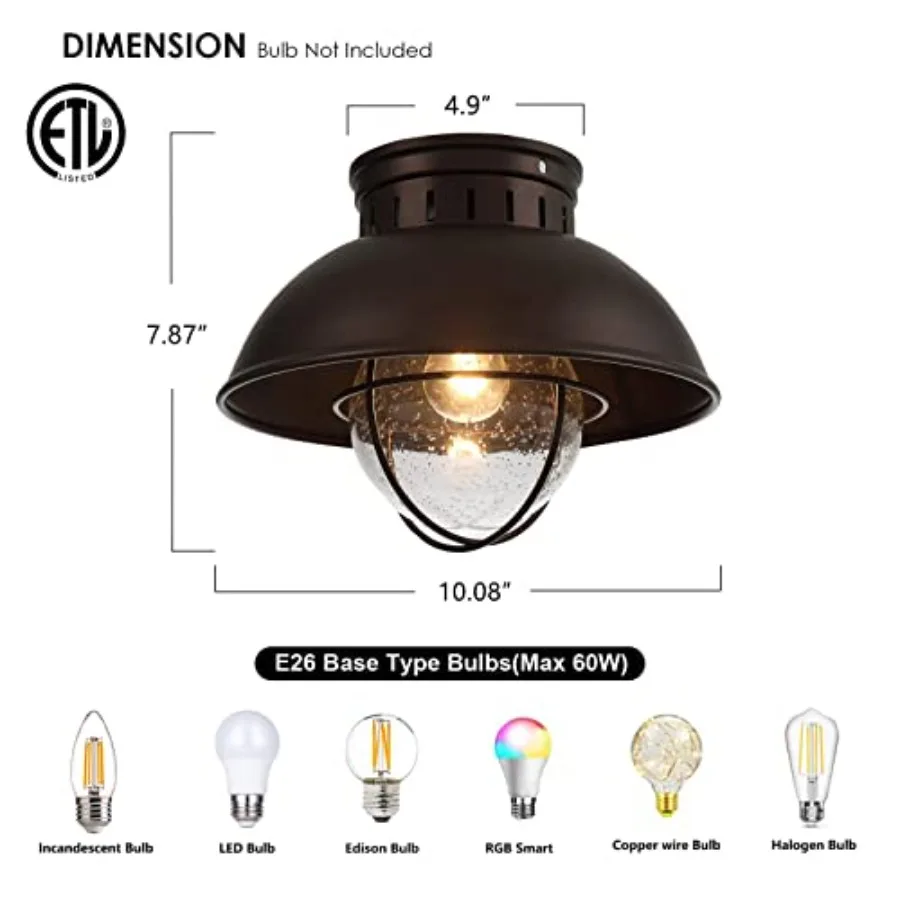 Outdoor Ceiling Light Farmhouse 10 Inch Flush Mount Ceiling Lights Fixture Oil Rubbed Bronze, Metal Cage Seeded Glass Semi Entr