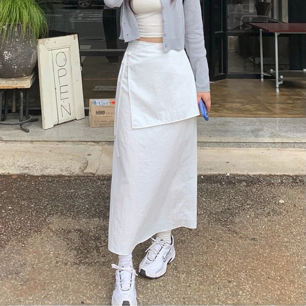 Versatile Tied Rope Asymmetrical Half-length Skirt Elegant High-waisted A-line Long Skirt for Young Women in Their 20s