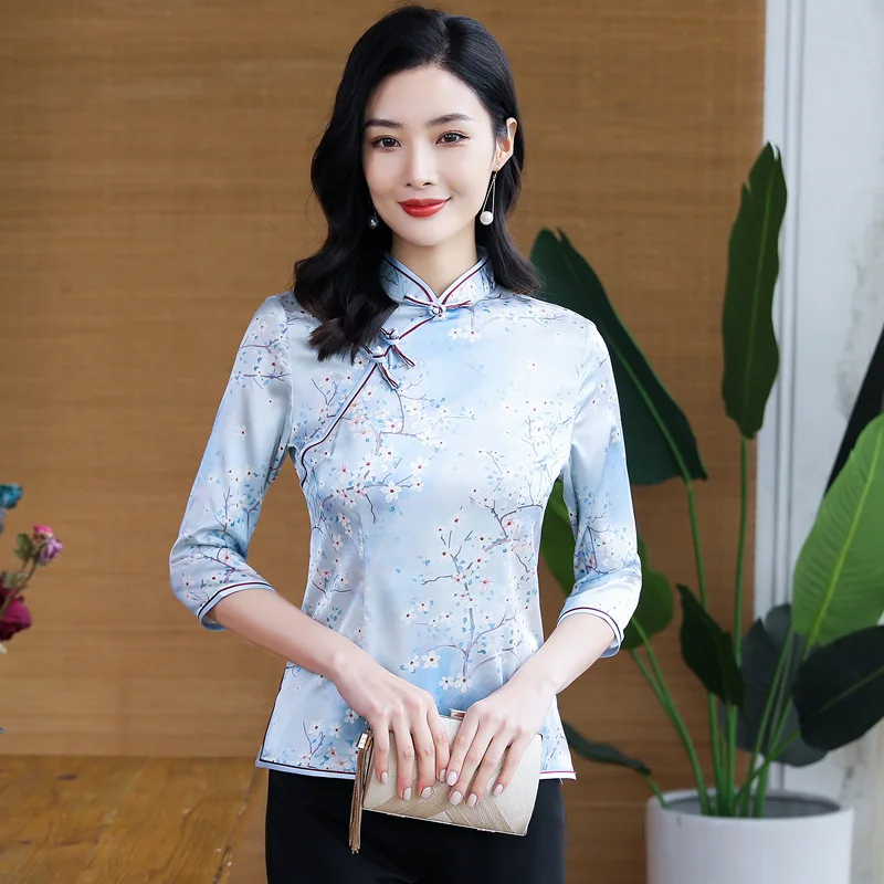 Blue Diagonal Stand Collar Printed High Quality Real Silk Chinese Ethnic Style Syage Show Cheongsam Qipao Women's Dress Top