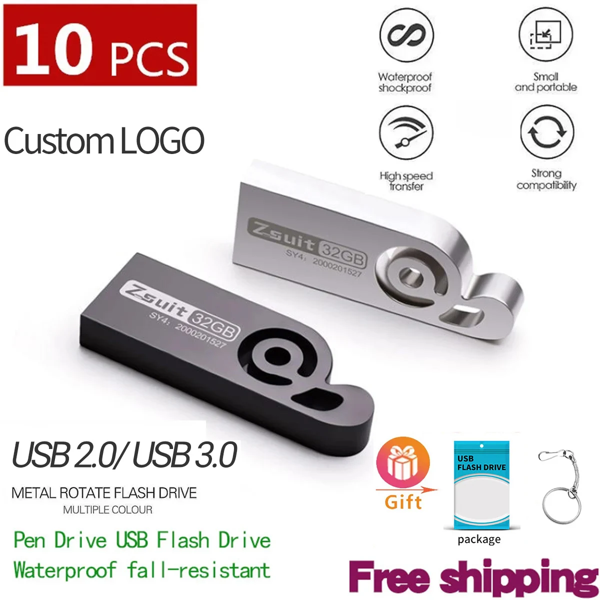 

New 10PCS/Lot Metal USB Flash Drive Pen Drives 4GB 16GB Pendrives 32GB 64GB Memory Stick 128GB U Disk Gift Free Customized LOGO