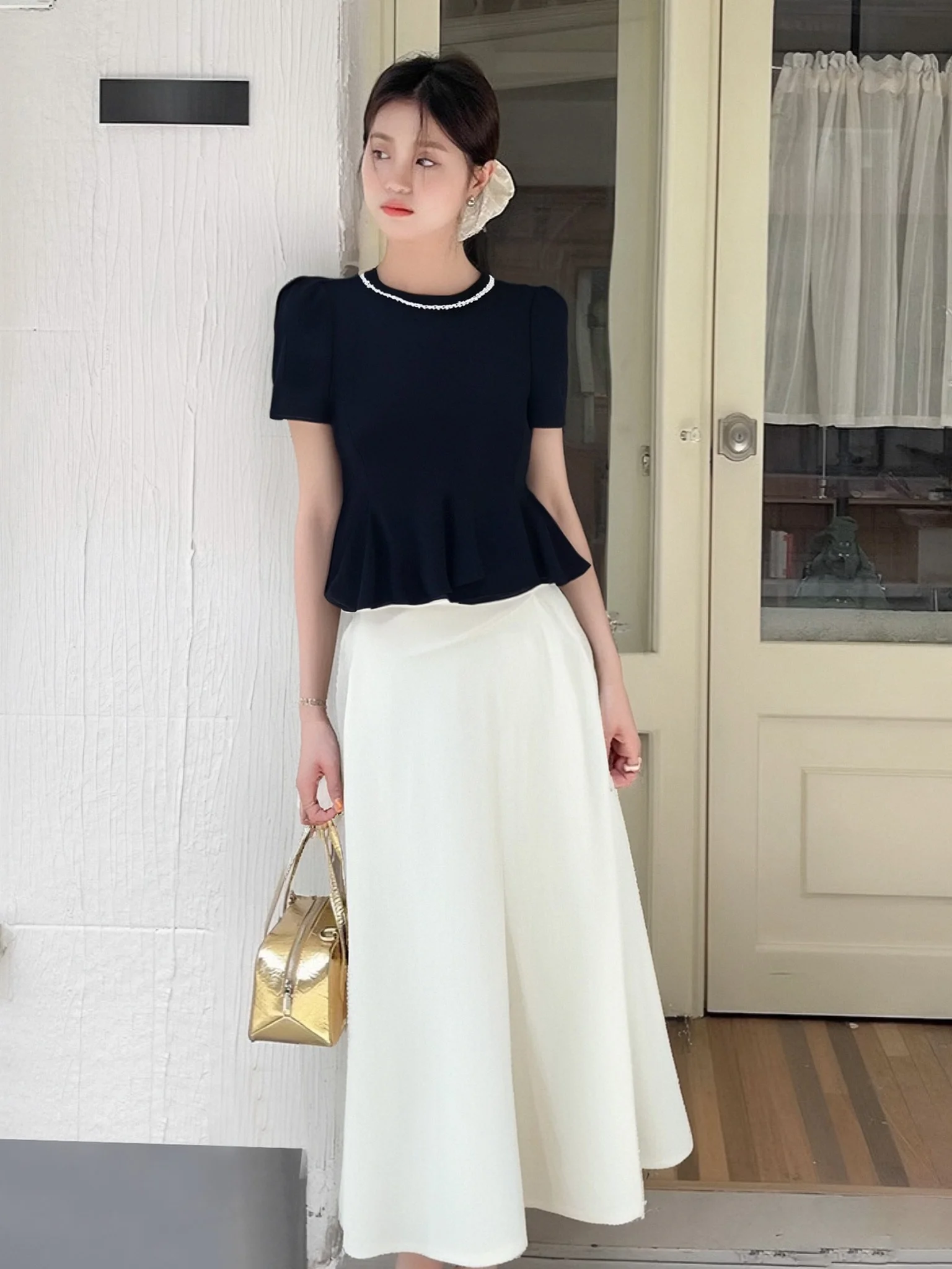 エレファイオンセット 2025春新作 ポリエステル繊維 ロングスリーブ ラウンドネック フレンチスリーブ ツーピーススーツ インナー付き