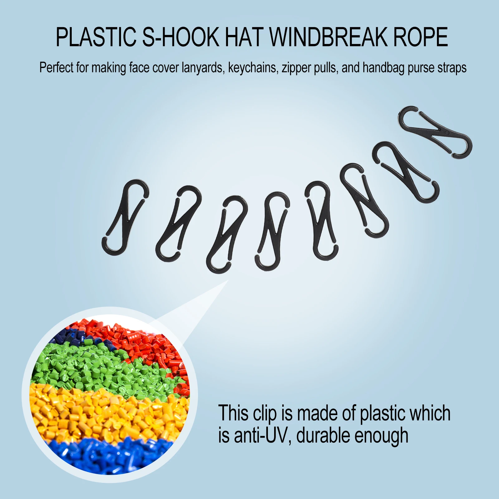 

100pcs Black Plastic Durable Hooks for Lanyard Purse Zipper ID Keychains Umbrella Rope Flashlight Camping Hiking S-shape