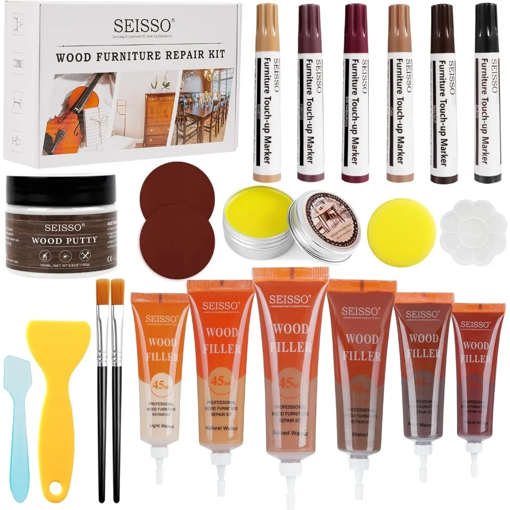 Kit de reparo de móveis de madeira SEISSO, atualizam enchimentos de madeira com marcadores de retoque e cera polonesa para sofás, creme de restauração