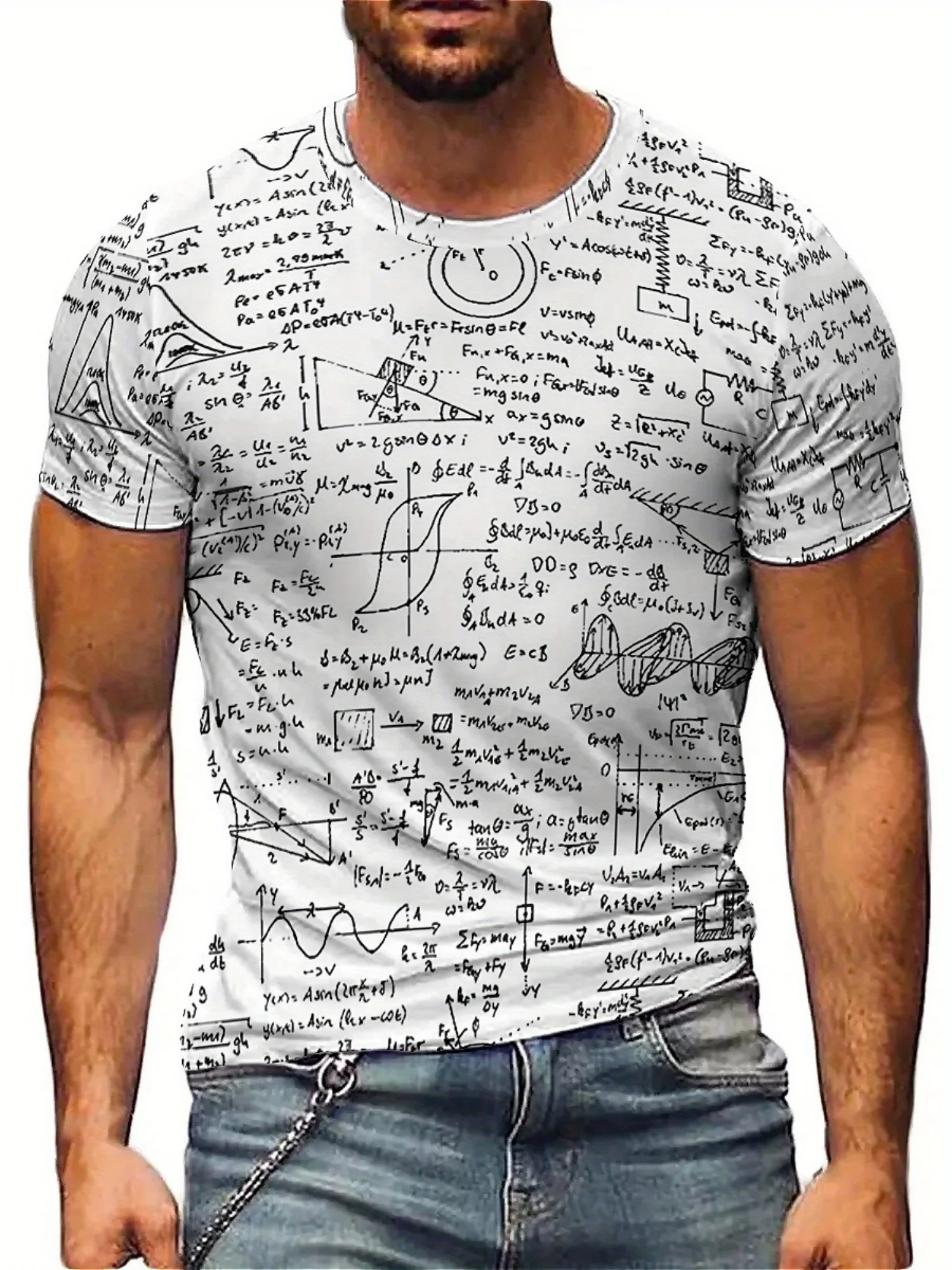 

Men's 3D Geometric Print Short Sleeve T-Shirt - Soft Polyester Fabric, Round Neck, White with Black & Gray Formula Design