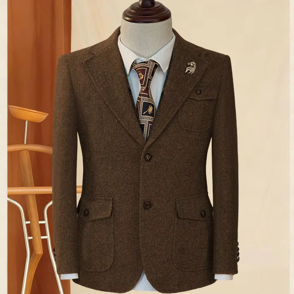 Men's Herringbone Tweed Blazer Classic Retro British Style Slim Fit Suit Jackets Single-Breasted Men Sport Coats Blazer