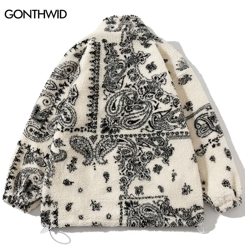 Winter Fuzzy Lamb Fleece Jacket Streetwear Hip Hop Paisley Bandana Print Fluffy Plush Warm Coats Autumn Harajuku Casual Jackets