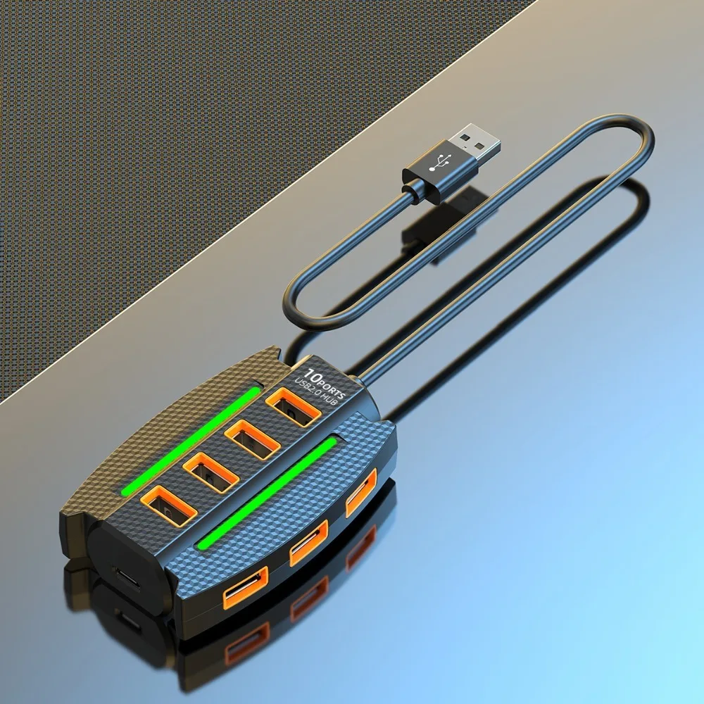 

RGB Backlight 10 Ports USB 2.0 Splitter USB Adapter Data Transfer 10 in 1 USB2.0 HUB Multifunction Connector USB Port Expander