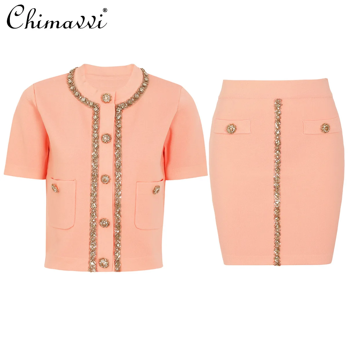 

High-end Women's Summer New Fashion Heavily Embellished Rhinestone Knit Short-sleeve Top and Bodycon Midi Skirt Two-piece Set